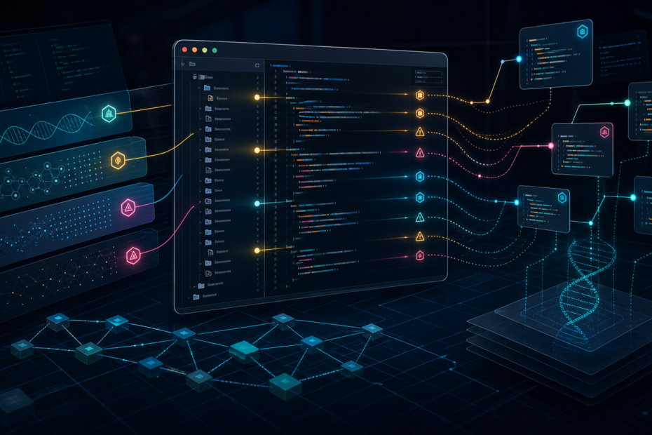 Dark technical illustration of an AI-generated codebase with inherited implementation marks influencing future changes