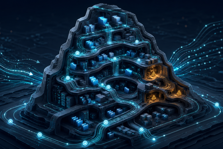 Abstract codebase habitat with safe paths, warning markers, and AI agent nodes moving through repository channels