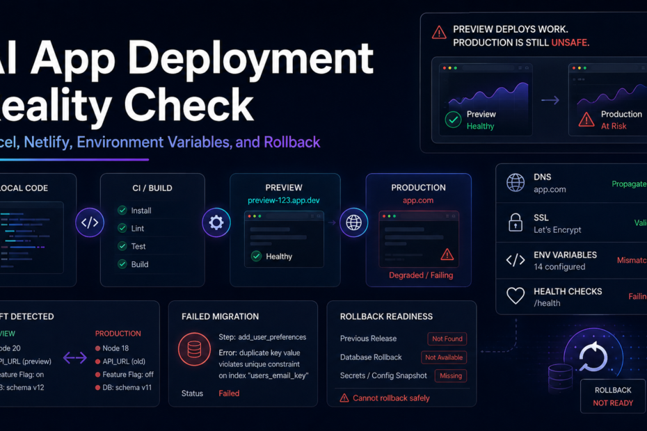 Hero illustration for the article 'AI App Deployment Reality Check: Vercel, Netlify, Environment Variables, and Rollback'