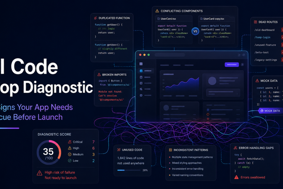 Dark dashboard-style illustration representing an AI code slop diagnostic with a code-health score