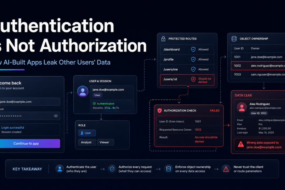 Hero illustration for the article 'Authentication Is Not Authorization: How AI-Built Apps Leak Other Users’ Data'
