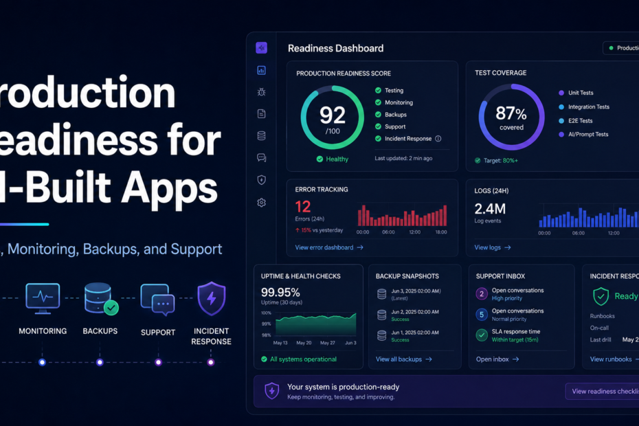 Hero illustration for the article 'Production Readiness for AI-Built Apps: Tests, Monitoring, Backups, and Support'