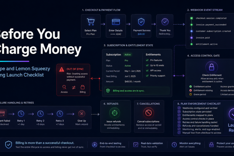 Hero illustration for the article 'Before You Charge Money: Stripe and Lemon Squeezy Billing Launch Checklist'