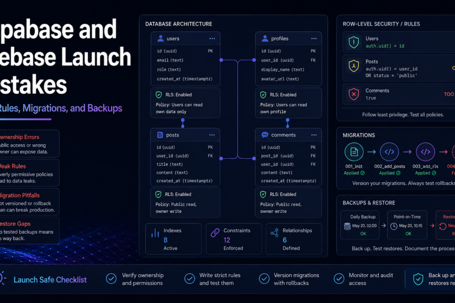 Hero illustration for the article 'Supabase and Firebase Launch Mistakes: RLS, Rules, Migrations, and Backups'