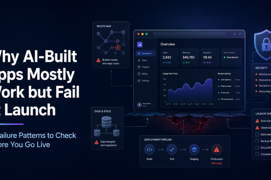 Hero illustration for the article 'Why AI-Built Apps ‘Mostly Work’ but Fail at Launch: 10 Failure Patterns'