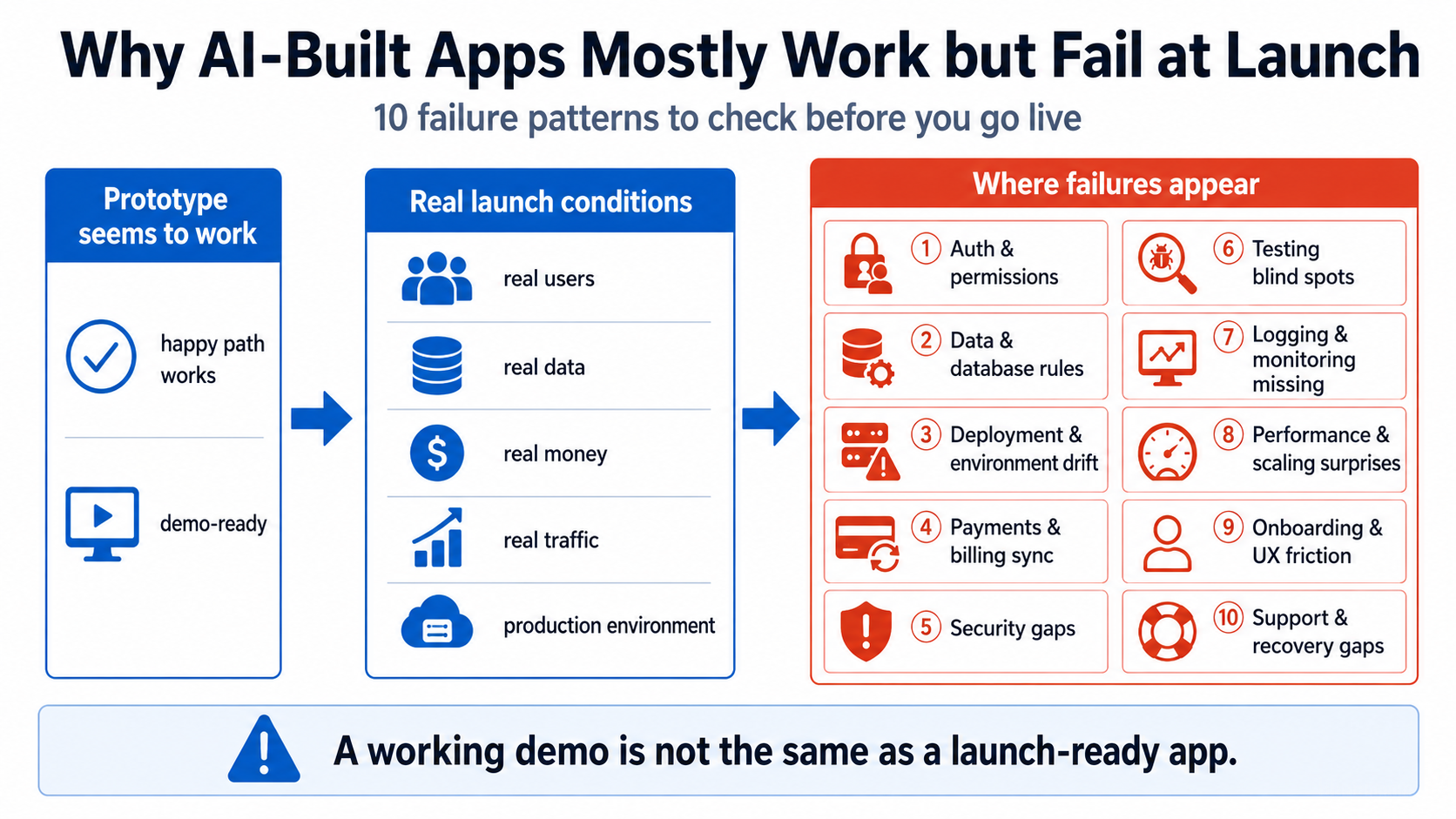 Visual summary of Why AI-Built Apps ‘Mostly Work’ but Fail at Launch: 10 Failure Patterns