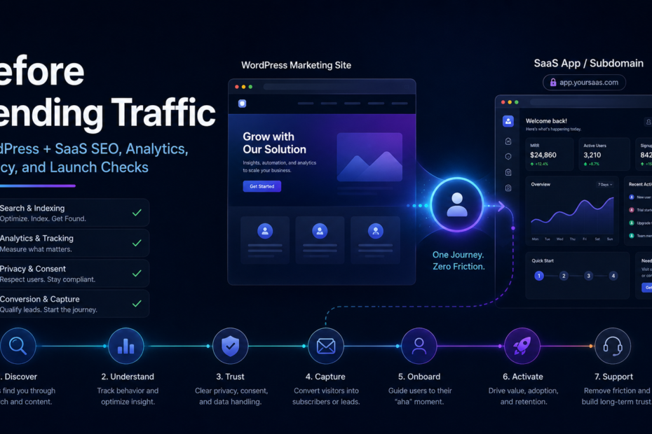 Hero illustration for the article 'Before Sending Traffic: WordPress + SaaS App SEO, Analytics, Privacy, and Launch Checks'