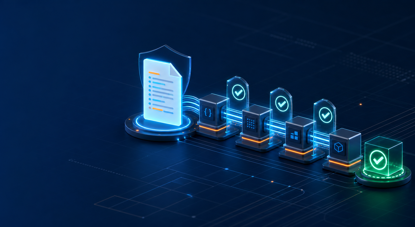 A MAID manifest contract passing through three validation gates to a verified implementation